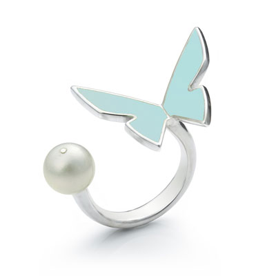 Les Papillons Large Turquoise Ring with Pearl