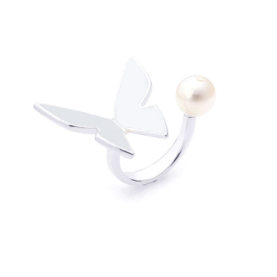 Les Papillons Large Silver Ring with Pearl