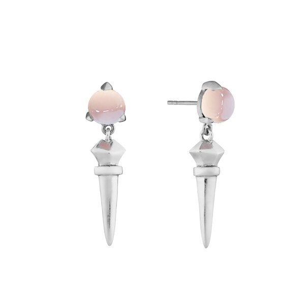 Bones long silver earrings sheer pink chalcedony