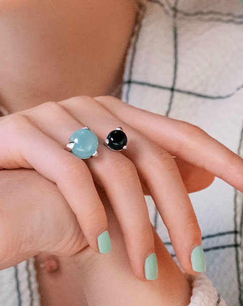 Bones Double Ring Mint Chalcedony and black Onyx by Hyrv